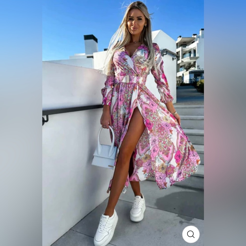 AYANA Floral Paisley Satin Maxi Dress-Pink NWT